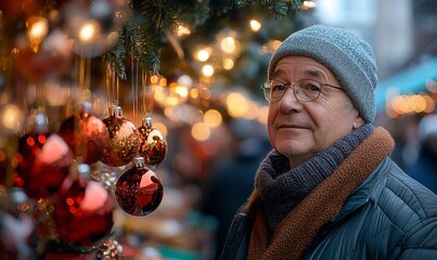 Elderly gentleman enjoying the vibrant atmosphere of a Christmas market, admiring festive decorations, twinkling lights, and holiday ornaments. The scene reflects the warmth, Generative AI