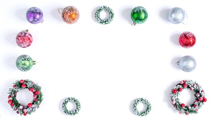 Colorful Christmas Ornaments and Wreaths Arrangement on White Background