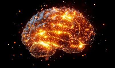 Big data and artificial intelligence concept, visualized through a glowing human brain fused with a microprocessor. This illustrates the intersection of human intelligence and machine, Generative AI