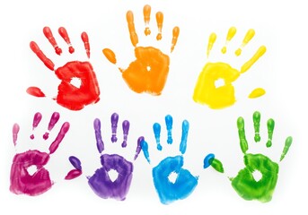 Fototapeta premium Collection of colorful handprints from children, isolated on white background