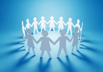 A circle of paper cutout people holding hands, symbolizing unity, teamwork, and community in a bright blue studio setting with soft lighting and shadows
