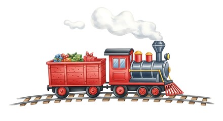 A Festive Red Steam Engine Pulls Its Wagon Filled With Holiday Gifts Along the Snowy Railway Tracks Bringing Joy and Cheer
