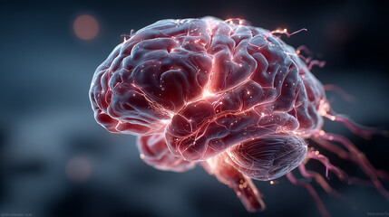 Fototapeta premium Visual depiction of human brain with glowing neural pathways, representing ideas like science, technology, and neuroscience. intricate light details, conveying neural activity and cognitive processes