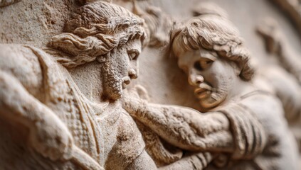 Obraz premium Ancient relief sculpture of two figures in conflict, carved in stone