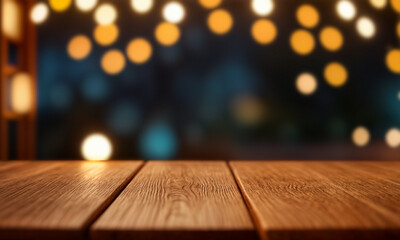 A festive night scene with glowing Chinese lanterns, blurred temple background, and an empty wooden table in the foreground, perfect for product display.