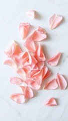 Delicate Pink Rose Petals on White Marble Background Top View Romantic Floral Arrangement for Wedding Invitations and Valentines Day