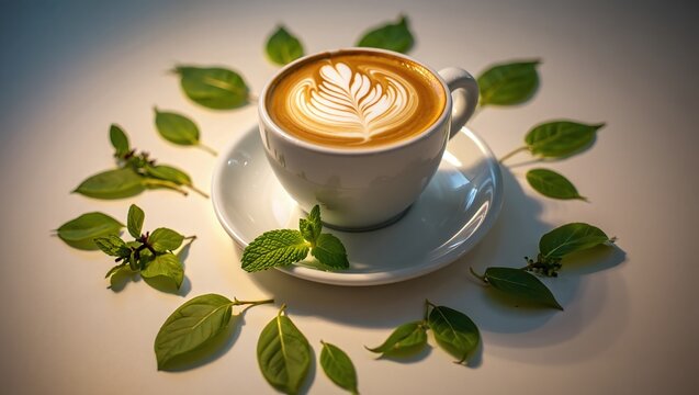 Delicious latte art in a white cup with green leaves a perfect morning beverage for coffee lovers and a vibrant natural arrangement