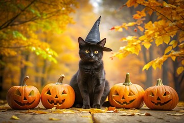 Black Cat in Witch Hat with Jack O Lanterns in Autumn Forest