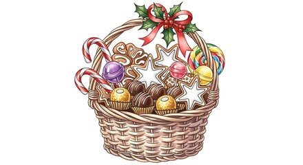 A Festive Wicker Basket Overflowing with Delicious Homemade Christmas Cookies and Candies Awaiting Holiday Celebrations