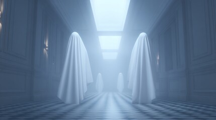 Fototapeta premium ghostly apparitions floating in abandoned mansion hallway, cinematic horror scene