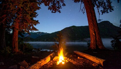 Campfire on a misty lake shore at night