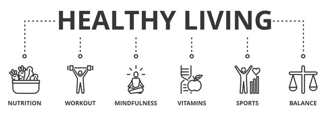 Healthy living banner concept illustration with icon of nutrition, workout, mindfulness, vitamins, sports and balance 