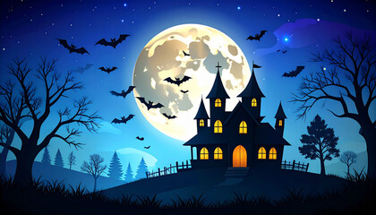 A spooky Halloween night scene featuring a haunted castle under a full moon with bats flying.