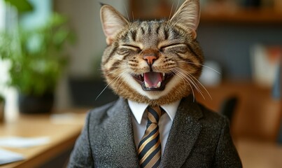 Office setting with a laughing cat dressed in a corporate suit and tie. The pet adds humor and fun to the workplace environment, playfully representing a company leader, Generative AI