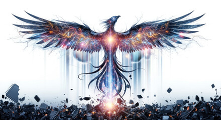 Digital phoenix rising above broken chips with glowing lights and electric wings spread