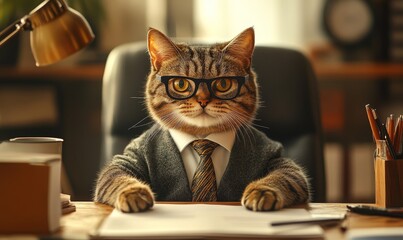 Office environment with a serious-looking cat dressed in corporate clothing and a tie, humorously symbolizing a pet in a professional workplace. This funny take on corporate life addd, Generative AI