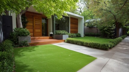 Naklejka premium Modern home exterior with lush green lawn and wooden entrance surrounded by trees and shrubs