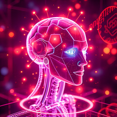 A futuristic, neon-lit robot head with glowing eyes and intricate geometric patterns, representing artificial intelligence, technology, and the digital future.
