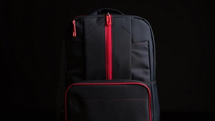 Fototapeta premium Sleek Black Backpack with Vibrant Red Accents on a Dark Background for Travel and Urban Lifestyle