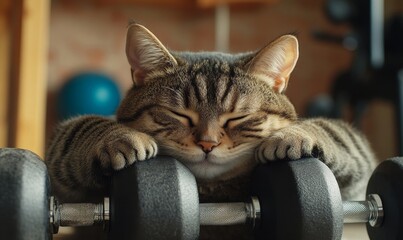 Cat in a gym, engaging in a playful workout routine. This amusing take on a healthy lifestyle for an overweight cat adds a humorous and light-hearted approach to fitness for pets, Generative AI