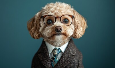 Dog dressed in a humorous, stylish suit and tie, looking intellectual with glasses. This trendy pet clothing design adds a playful and fun touch to fashionable pet attire, Generative AI