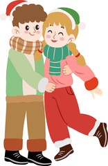 Cute Handdrawn Couple Embrace Wearing Winter Outfit Celebrating Christmas Season Illustration
