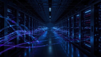 Data center servers with glowing fiber optic cables illustration