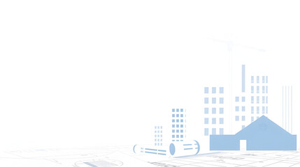 A modern banner background for cost estimation software in construction. Features subtle elements like blueprints, buildings, and technical drawings in soft blues, grays, and whites.