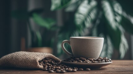 Aromatic Coffee Cup Beans Sack Still Life Cozy Morning