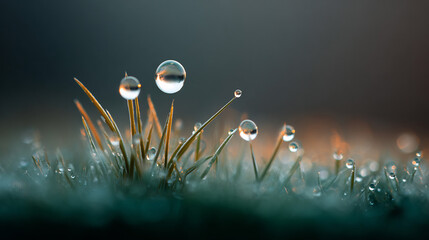 Macro shot of dew drops on grass, Close-up macro photograph of dew drops shimmering on blades of grass