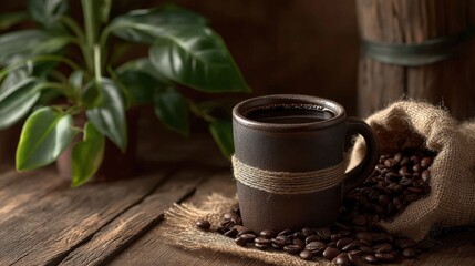 Aromatic Coffee Mug Beans Rustic Wood Plant