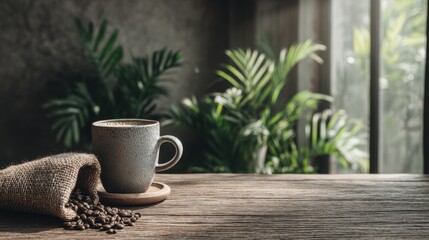 Morning Coffee Rustic Wooden Table Coffee Beans Plants Cozy Atmosphere