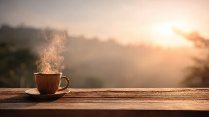 Morning Coffee Sunrise Hot Drink Steam on Wooden Table