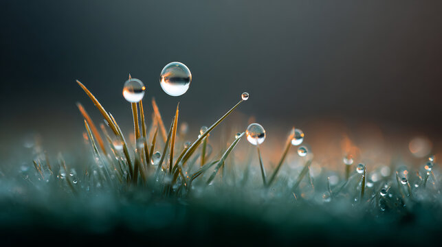 Macro shot of dew drops on grass, Close-up macro photograph of dew drops shimmering on blades of grass