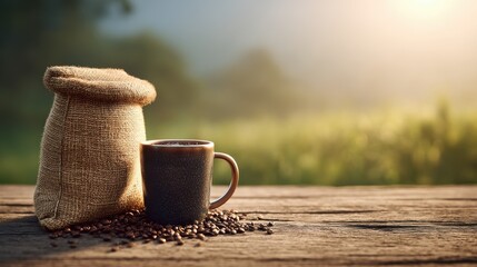 Morning Coffee Rustic Mug Beans Burlap Sack Sunrise