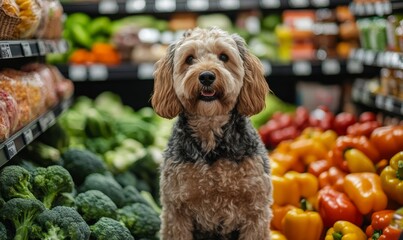 Dog in a grocery store, surrounded by colorful vegetables and healthy food. The pet-friendly store allows dogs to shop for their own nutritious food, promoting a healthy lifestyle, Generative AI