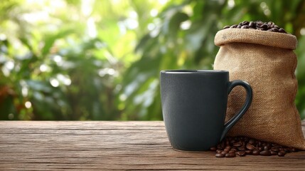 Dark Coffee Mug Roasted Beans Burlap Sack Wooden Table Green Background
