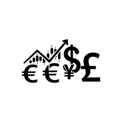 Financial market chart with various currency symbols, showing growth and investment.