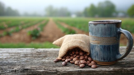 Rustic Coffee Mug Beans Farm Landscape Morning Coffee