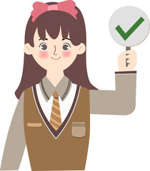 Cute Handdrawn Schoolgirl Holding Check Mark Sign with Brown Uniform Illustration
