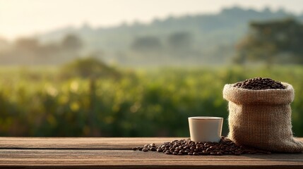 Aromatic Coffee Beans Burlap Sack Sunrise Wooden Table Farm Background