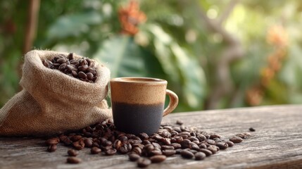 Aromatic Coffee Beans Espresso Cup on Rustic Wood