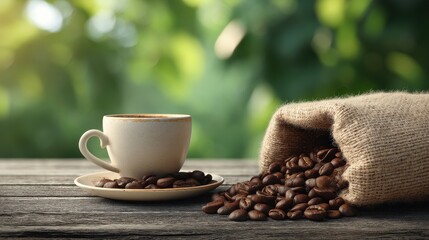 Morning Coffee Beans Cup Burlap Sack Rustic Wood Table Outdoors