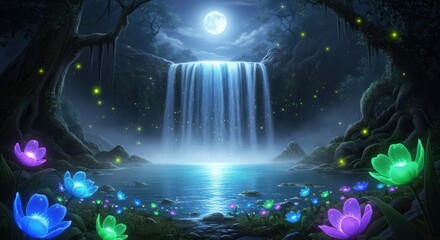 Enchanting waterfall cave with bioluminescent flowers and mystical light
