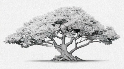Large leafy tree with gnarled trunk casting a faint shadow on a textured background
