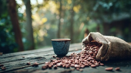 Rustic Cocoa Beans Cup Burlap Sack Outdoors Nature Background