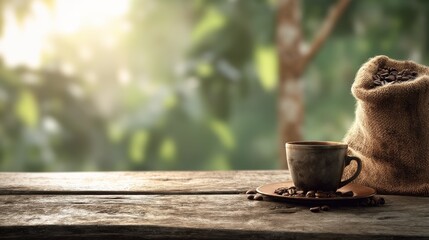 Rustic Coffee Cup Beans Burlap Sack Wooden Table Outdoor Background