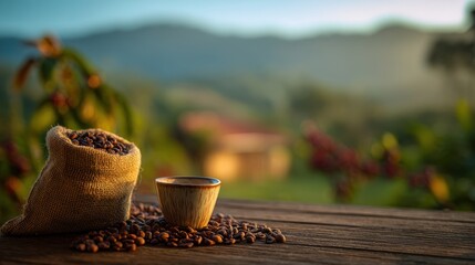 Aromatic Coffee Beans Sunrise Landscape Rustic Cup