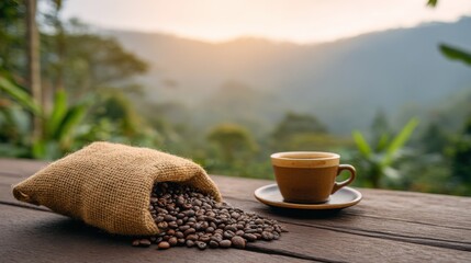 Morning Coffee Beans Landscape Sunrise Burlap Sack