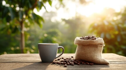 Morning Coffee Beans Sunrise Rustic Cup Burlap Sack Outdoors